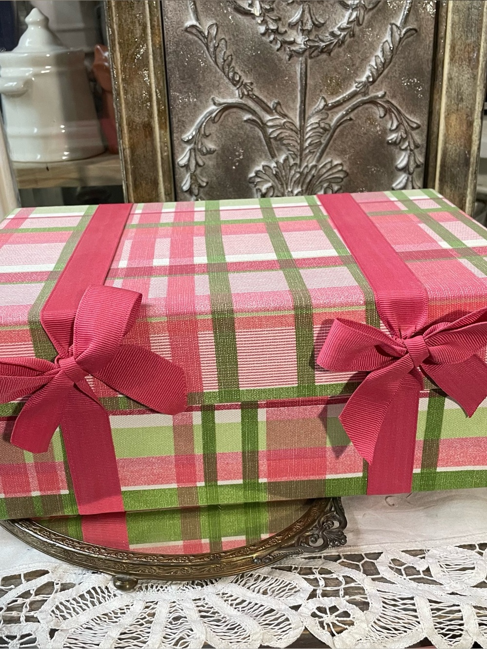 Pink green white plaid fabric storage gift box